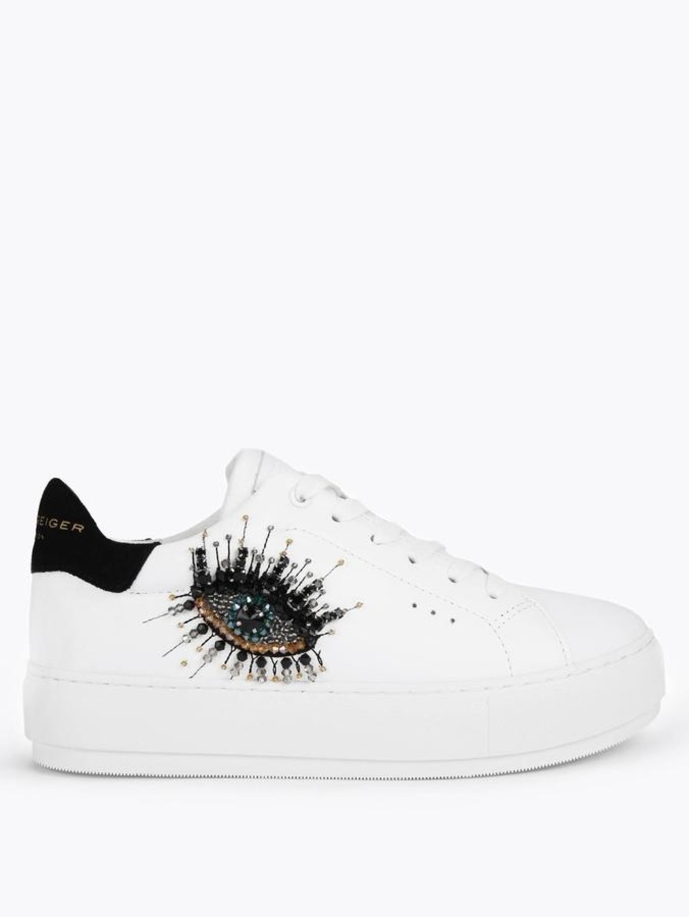 Kurt Geiger Laney Eye White Leather Platform Sneaker Embellished Motif Size 8